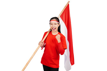 Indonesian woman celebrating Indonesia's independence day on 17 August by holding the Indonesian...