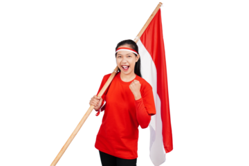 Indonesian woman celebrating Indonesia's independence day on 17 August by holding the Indonesian flag isolated transparent