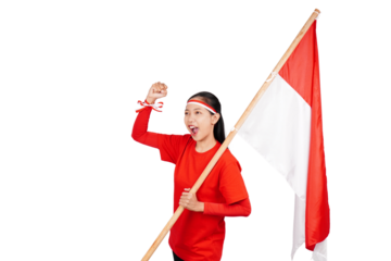 Indonesian woman celebrating Indonesia's independence day on 17 August by holding the Indonesian flag isolated transparent