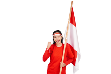 Indonesian woman celebrating Indonesia's independence day on 17 August by holding the Indonesian flag isolated transparent