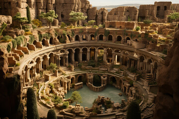 Ancient Roman Amphitheater Ruins with Vegetation, Sunlit Arches, and Central Pool. Majestic View of Roman Ruins with Greenery, Arches, Pillars, and Central Water Feature.