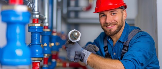 A man in a blue shirt and a red hard hat is smiling while holding a tool