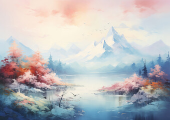 Landscape Painting of Serene Mountainscape with Autumnal Reflection. Painting of Dreamy Alpine Vista with Pink-Hued Skies.