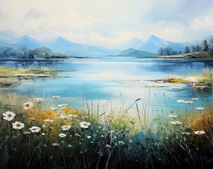 painting of Lakeside with Wildflowers, Calm Waters, and Distant Mountain Range. Peaceful Lake with Wildflowers, Vegetation, and Blue Mountains in the Background.