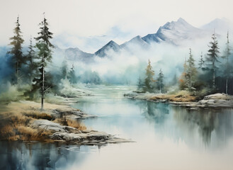 Painting of Serene Misty Lake with Pine Trees and Distant Mountain Peaks at Dawn. Tranquil Waters Reflecting Pine Forest and Mist-Covered Mountains in a Peaceful Landscape