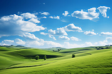 Serene Landscape with Rolling Hills and Endless Blue Sky. Lush Green Fields in Warm Sunlight Against a Clear Blue Sky.