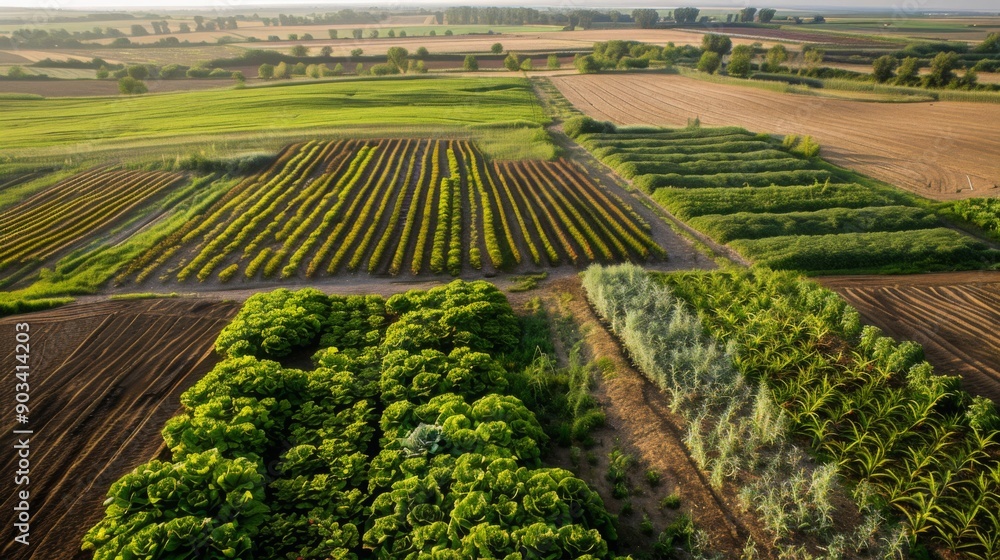 Poster an aerial photograph captures a vast expanse of farmland, showcasing rows of various crops. green an
