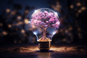Tree of life inside a glowing bulb symbolizing sustainability and eco-friendly innovation. Pink tree in a bulb representing nature, energy, and harmony between technology and the environment.