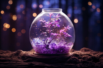 Purple Plant in Glass Terrarium with Glowing Lights in Dreamlike Forest. Purple Flower in Glass Bowl with Bokeh Lights in Mysterious Forest.