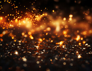 Mesmerizing display of fiery sparks dancing in the dark, illuminated by vibrant orange glow soft focus. Close-up of a fiery explosion, capturing intricate sparks and flames.