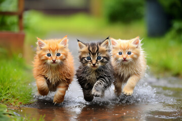 Adorable Group of Kittens Joyfully Running on a Wet Path in a Lush Green Garden. Four Playful Kittens Racing Together on a Rainy Day in a Vibrant Garden Setting.