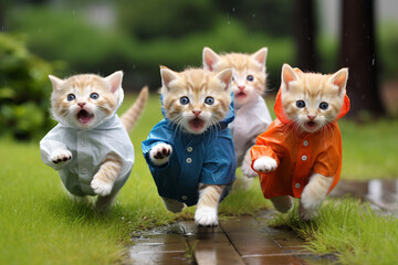 Adorable Kittens in Colorful Raincoats Running Joyfully on a Wet Garden Path. Four Playful Kittens Racing in Bright Raincoats on a Rainy Garden Day.