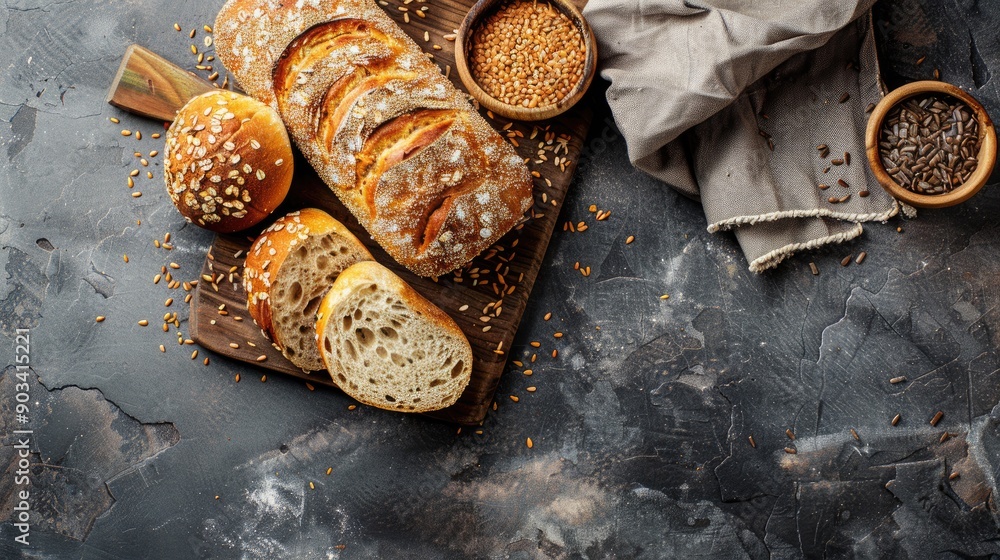 Canvas Prints Bread with sunflower sesame and flax seeds cut on board with copy space Top view with loaf and rolls