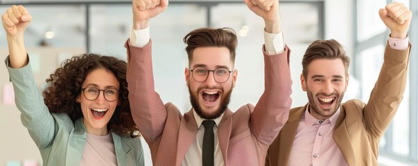 Sales team celebrating in the office, happiness and success,