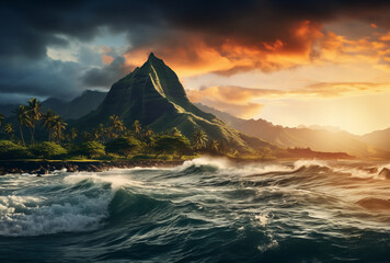 Dramatic Seascape with Mountain Peak at Sunset and Crashing Waves. Coastal Panorama with Mountain Silhouette, Vibrant Sunset Sky, and Powerful Waves Crashing Ashore.
