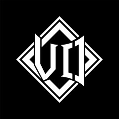 VO Letter logo abstract shield shape with square white outline on black background template