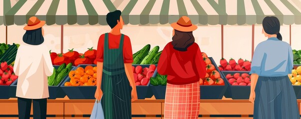 People at a farmers market buying local produce, supporting local, sustainable economy