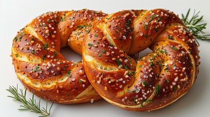 Crispy German Pretzel with Coarse Salt - Detailed Texture and Golden-Brown Crust on White Background. Photorealism. Canon EOS K5. 85mm.