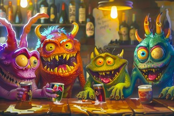 Fototapeta premium A group of monsters sitting at a bar with drinks