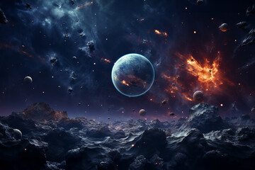 Majestic Alien Landscape with Rocky Terrain and Blue Planet Rising in the Night Sky. Breathtaking Extraterrestrial World with Mountains, Glowing Craters, and Starry Cosmic Horizon.