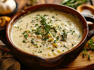 A bowl of soup with herbs on top of it