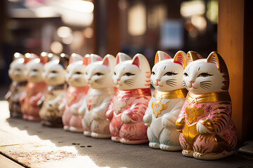 Many Maneki-neko Beckoning for Good Fortune. Traditional Japanese Lucky Cat Figurines Bringing Prosperity.