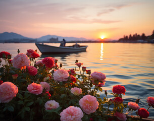 Sunset over a serene lake with vibrant roses and a boat silhouette. Peaceful sunset with roses and a fisherman in a boat.
