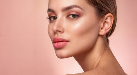 Fototapeta premium Studio portrait in three-quarter profile of a beautiful high fashion model with flawless skin. Skin care and cosmetics. Beauty shot of a glamorous woman. Copy space.