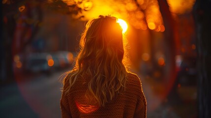 Obraz premium A woman standing in the middle of a city street at sunset