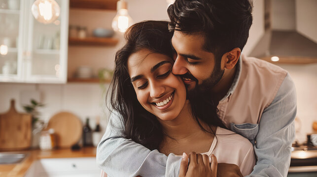 Indian modern couple in romatic mood, in modern kitchen