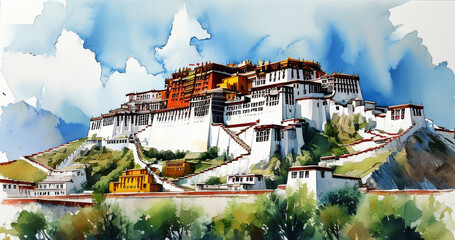 Obraz premium Watercolor painting of the Potala Palace in Lhasa, Tibet, China