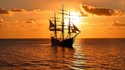 Majestic Tall Ship Sailing at Sunset - Tranquil Ocean Voyage