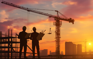 silhouette of two construction workers with helmet and holding rolled up blueprints