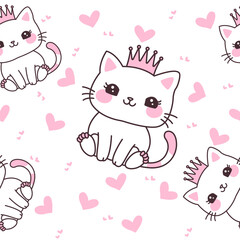 Seamless Pattern of Cute Cat Wearing Crown with Pink Love Decoration