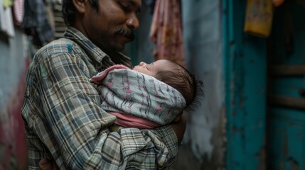 Obraz premium Cheerful father holding his newborn baby in his arms isolated on blurred background