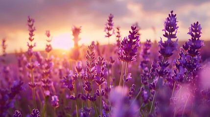Naklejka premium A field of lavender in full bloom, stretching to the horizon under a serene sunset sky 