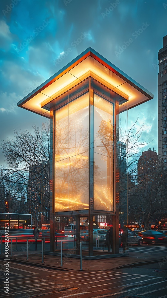 Poster illuminated urban structure at dusk with blurred traffic lights and tall buildings in the background