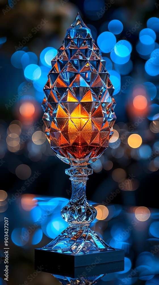 Poster elegant crystal candle holder with an intricate design against a backdrop of blue bokeh lights, crea