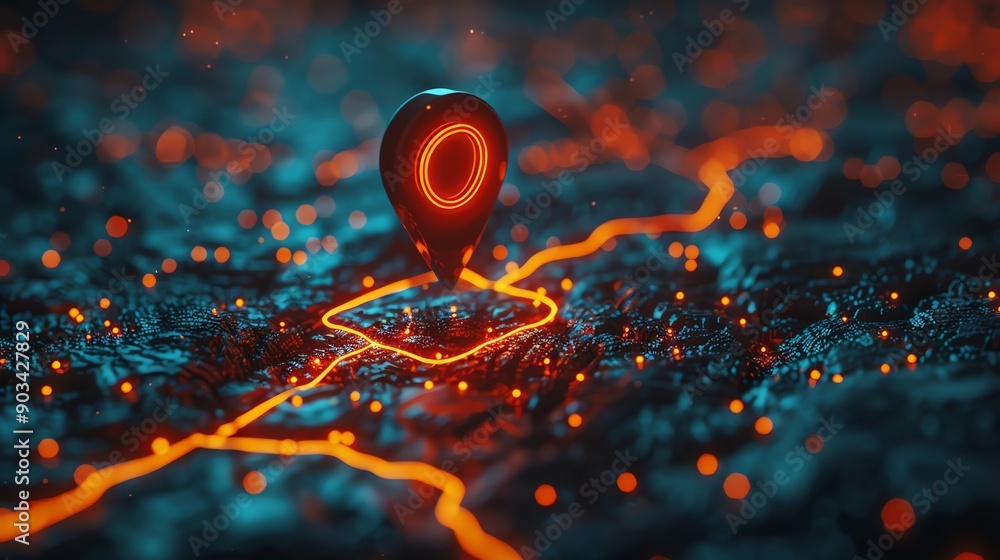 Poster futuristic digital map with glowing neon navigation pin. abstract technology and gps concept with lo