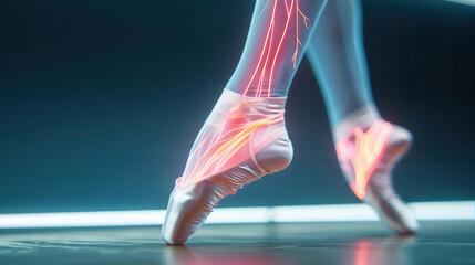 Ballet dancers foot highlighting tendons and veins in motion, grace and anatomy, beauty