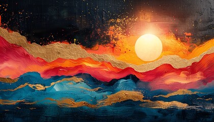 Stunning abstract painting capturing the essence of a vibrant sunset over a colorful landscape with bold, dynamic brush strokes.
