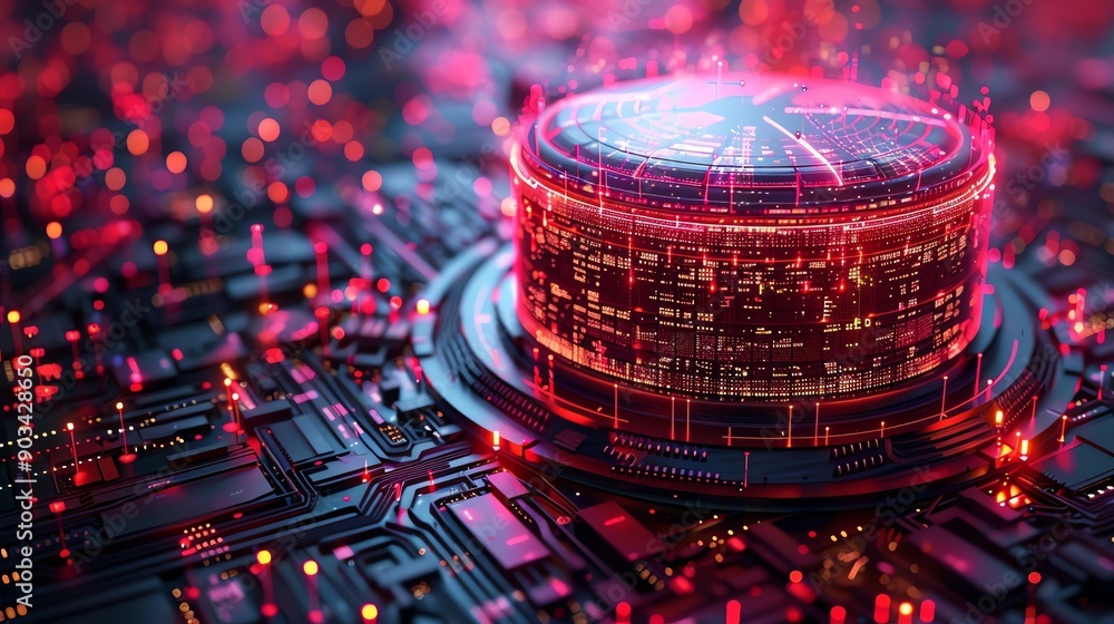 Poster futuristic technology concept featuring a glowing circular core on an intricate circuit board, highl