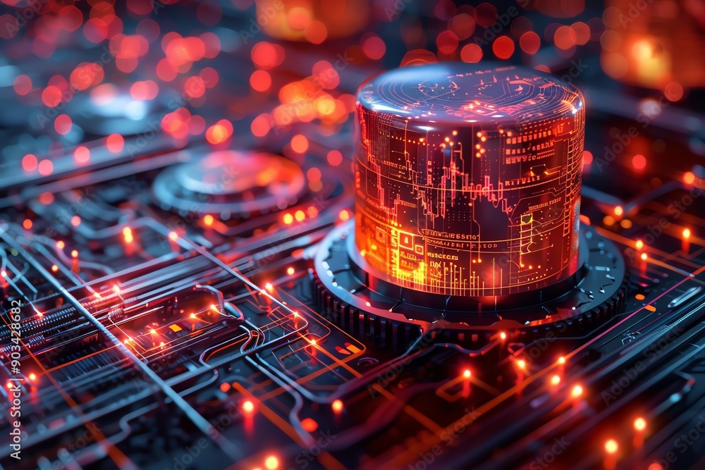 Poster close-up of futuristic circuit board technology with glowing red lights. concept of data processing 