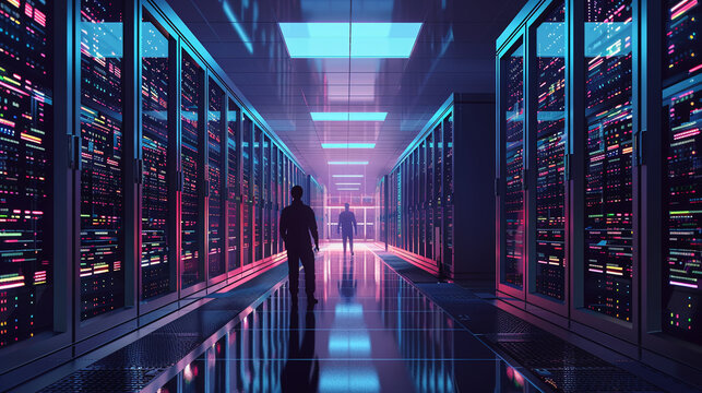 Team of IT professionals in a server room