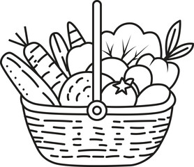 Line Art of a Basket of Fruits and Vegetables