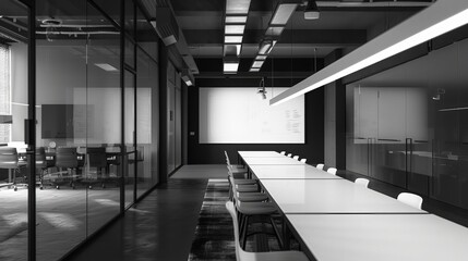 Startup tech hub with interactive digital whiteboards for brainstorming sessions front view emphasizing interactive collaboration technology tone black and white