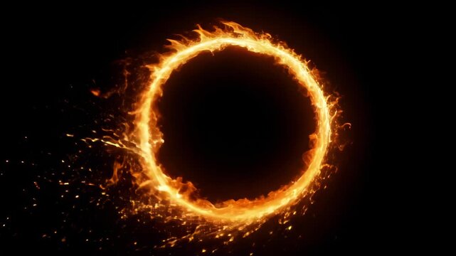 Close-up: Blazing ring of fire against black void. Flames dance, forming perfect circle. Sparks fly outward, creating dramatic contrast. Symbolizes power, transformation, eternal cycle.	