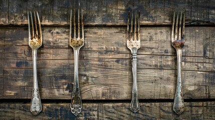 Three vintage silver forks on wooden background top view rusty and old