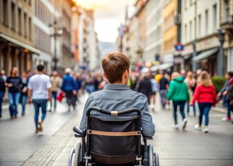 Close up photo of confused cerebral palsy boy sitting in the wheelchair at crowded city street. View from behind. Image related to vulnerability of disabled people which needs a help..