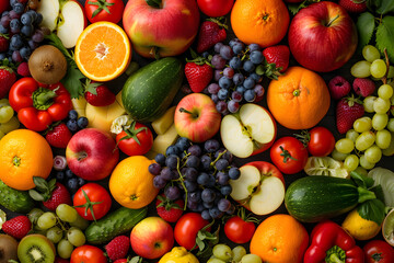 Vibrant assortment of fresh fruits, vegetables, and berries emphasizing natural textures.